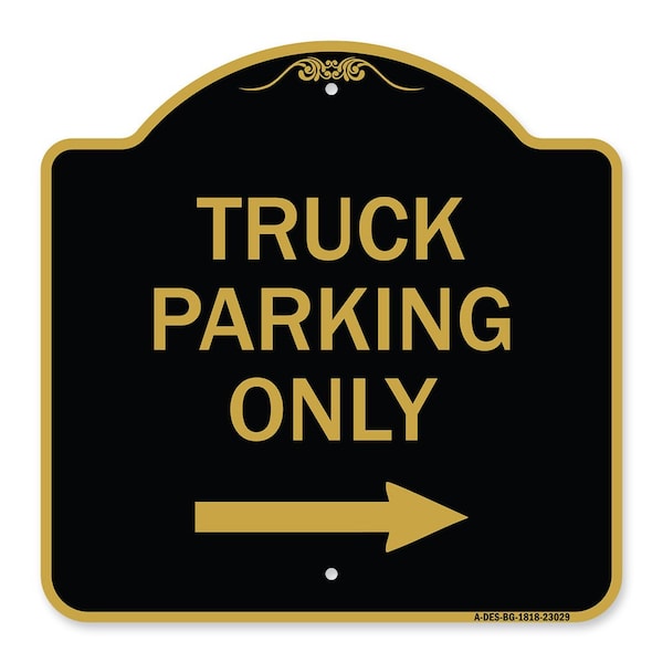 Reserved Parking Sign Truck Parking W/ Right Arrow, Black & Gold Alum Sign, 18" x 18", BG-1818-23029